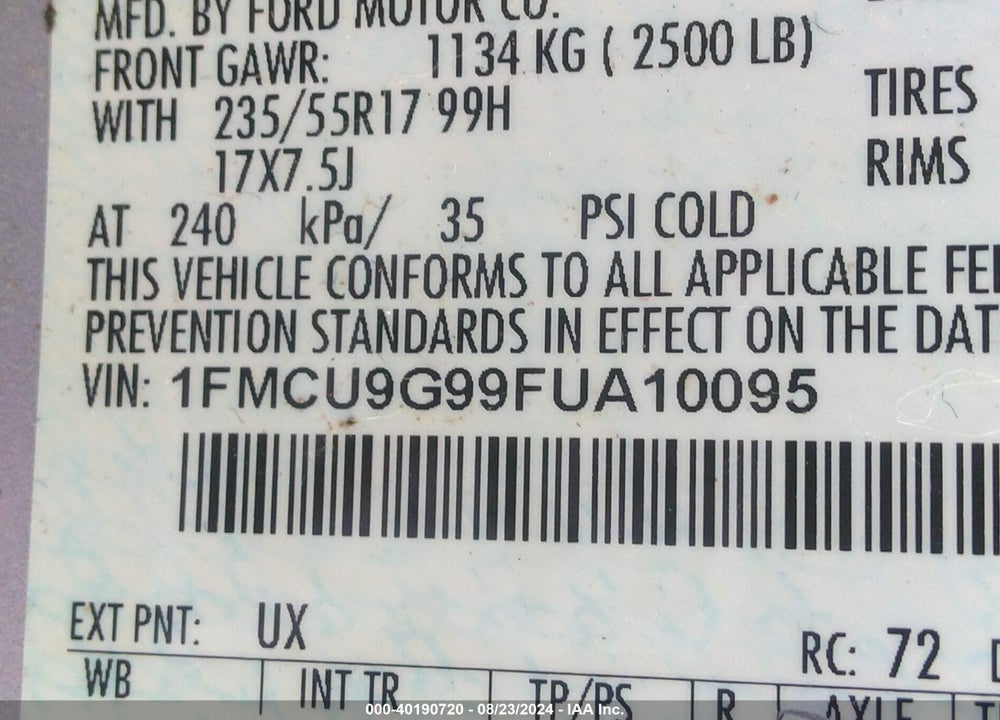 2015 FORD ESCAPE SE VIN: 1FMCU9G99FUA10095