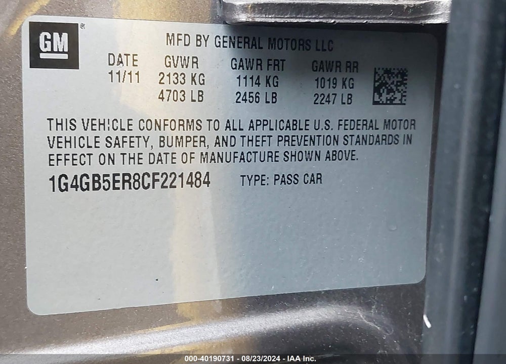 2012 BUICK LACROSSE CONVENIENCE GROUP VIN: 1G4GB5ER8CF221484