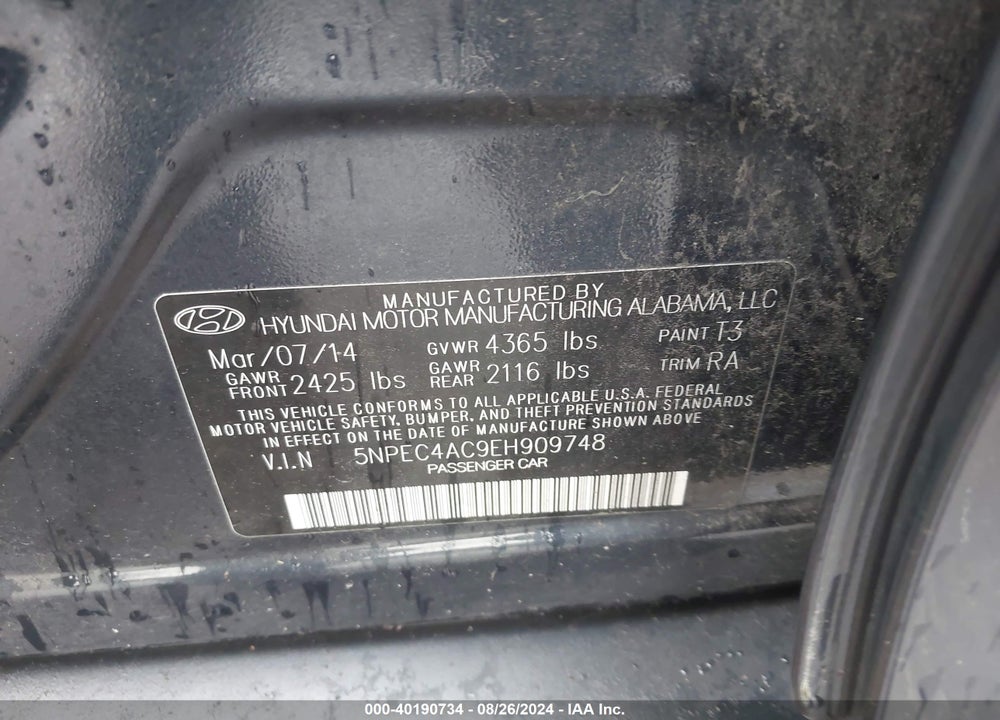 2014 HYUNDAI SONATA SE VIN: 5NPEC4AC9EH909748