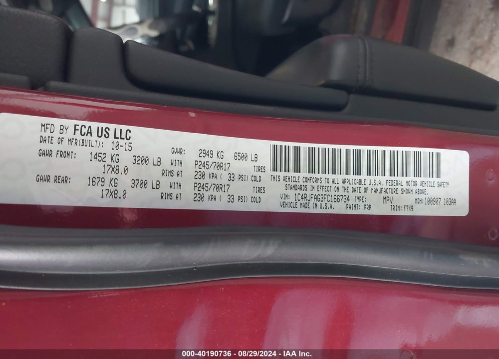 2015 JEEP GRAND CHEROKEE VIN: 1C4RJFAG3FC166734