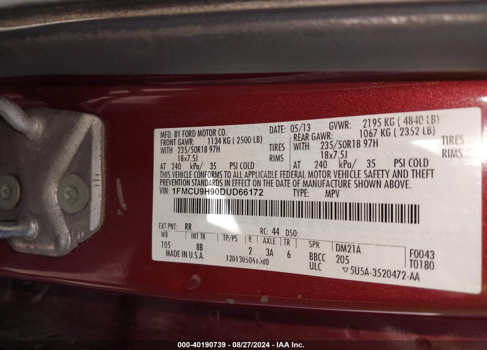 2013 FORD ESCAPE SEL VIN: 1FMCU9H90DUD66172