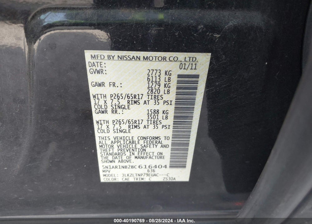2011 NISSAN PATHFINDER SV VIN: 5N1AR1NB2BC616404