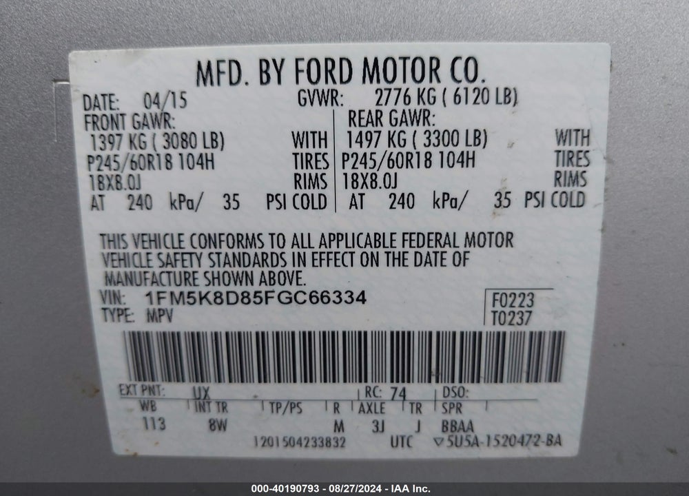 2015 FORD EXPLORER XLT VIN: 1FM5K8D85FGC66334