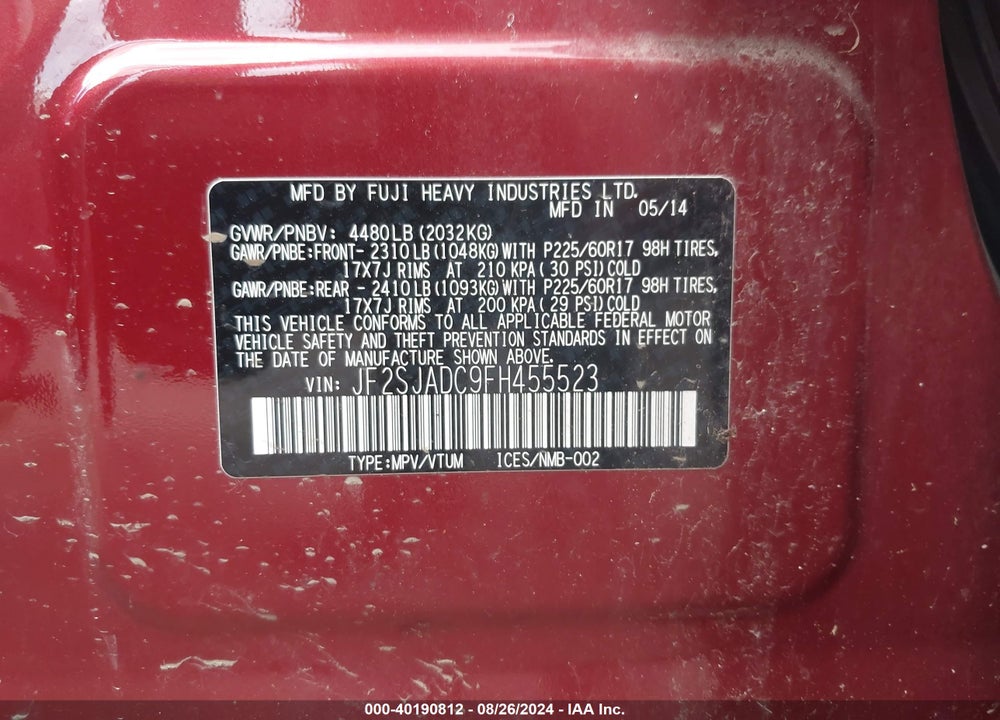 2015 SUBARU FORESTER VIN: JF2SJADC9FH455523