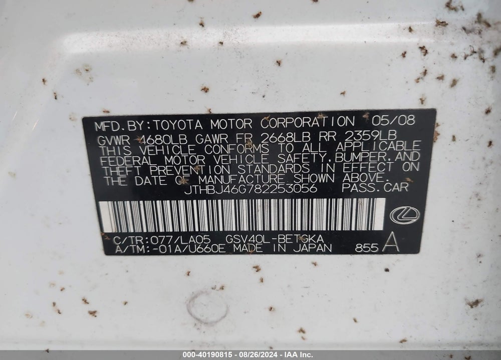 2008 LEXUS ES 350 VIN: JTHBJ46G782253056