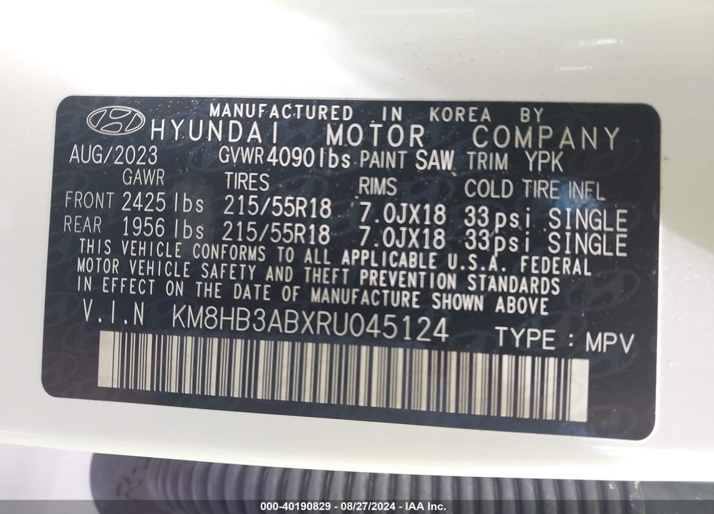2024 HYUNDAI KONA SEL VIN: KM8HB3ABXRU045124