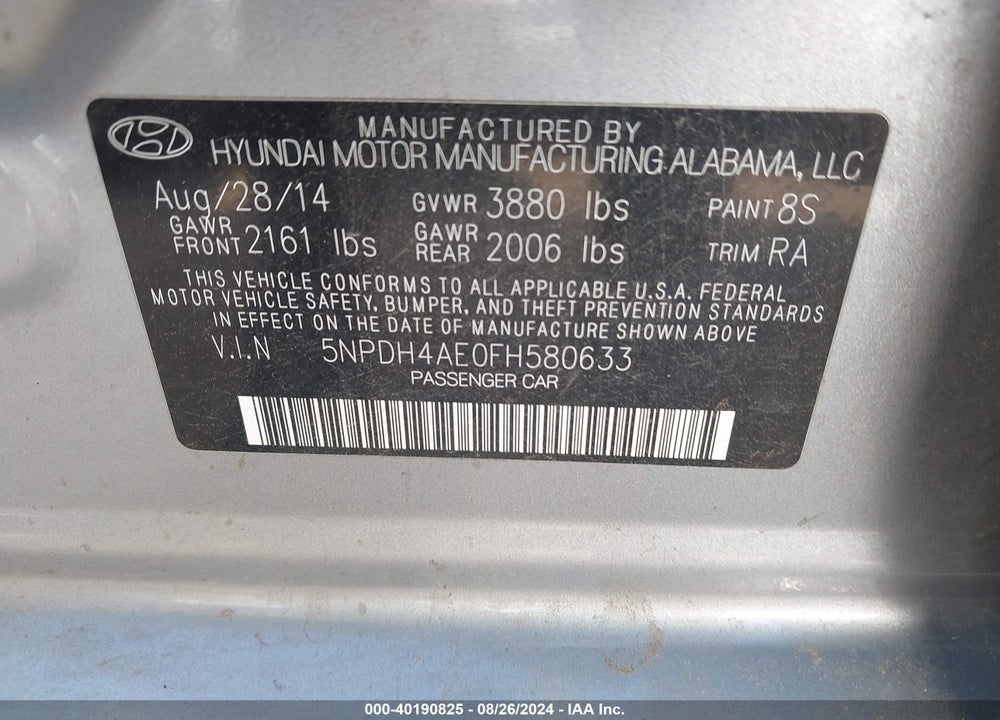 2015 HYUNDAI ELANTRA SE VIN: 5NPDH4AE0FH580633