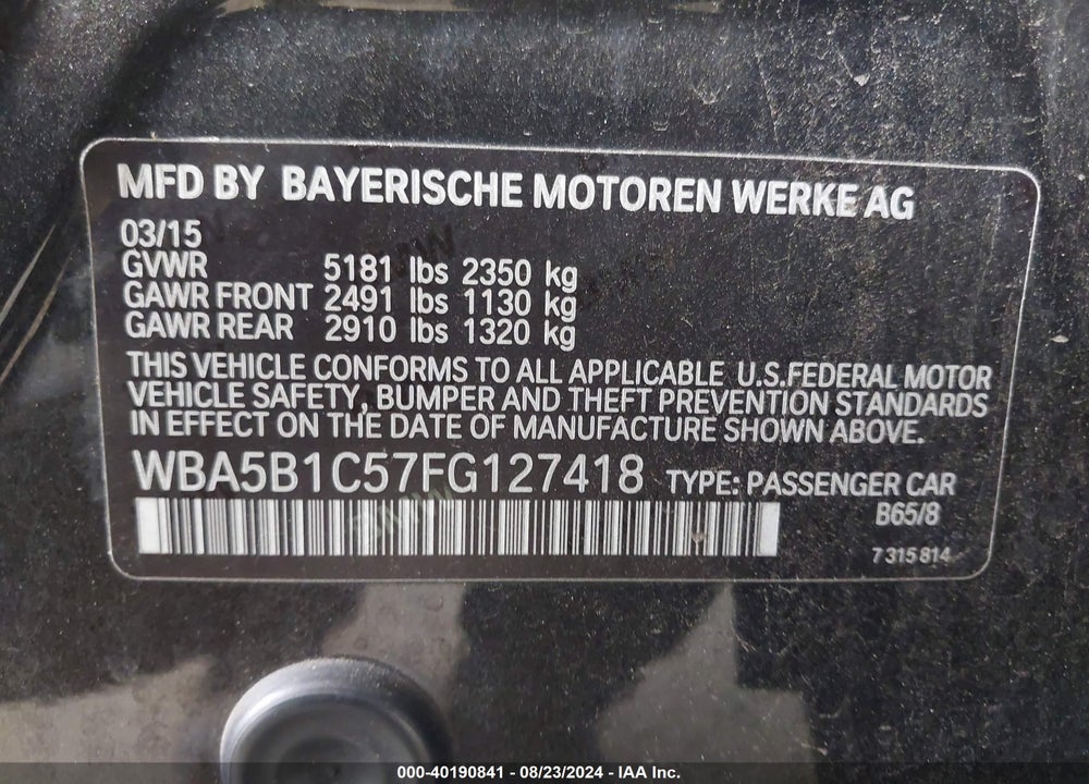 2015 BMW 535I VIN: WBA5B1C57FG127418