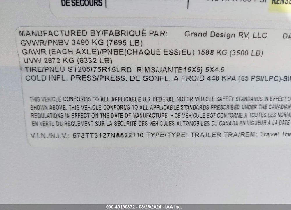 2022 GRAND DESIGN TRANSCEND 261BH VIN: 573TT3127N8822110