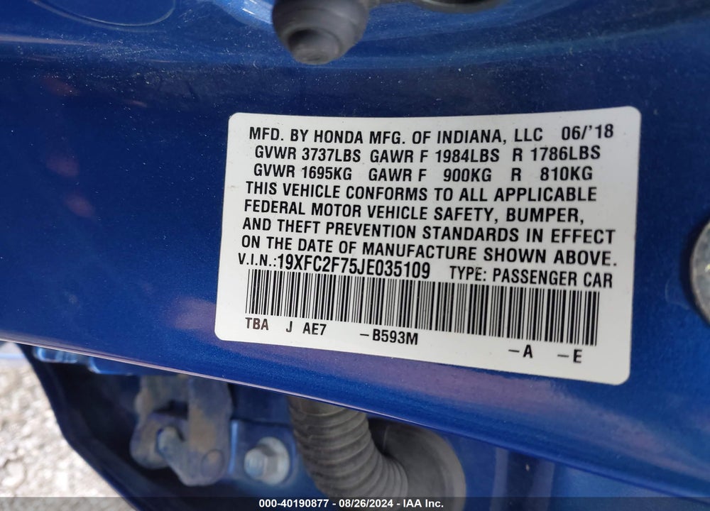 2018 HONDA CIVIC EX VIN: 19XFC2F75JE035109