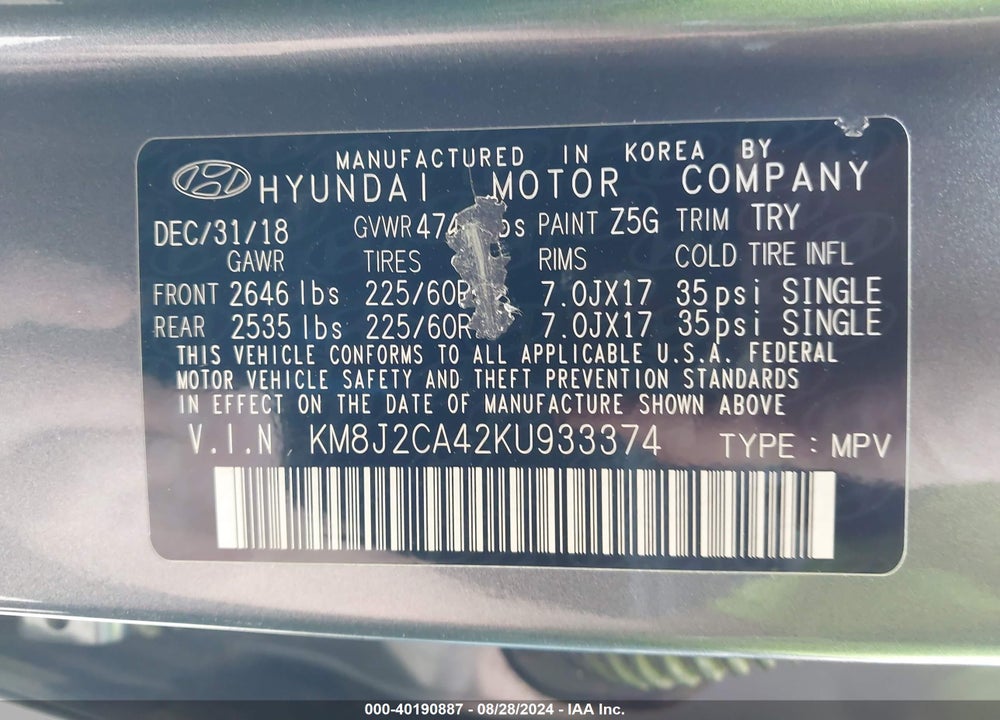 2019 HYUNDAI TUCSON SE VIN: KM8J2CA42KU933374