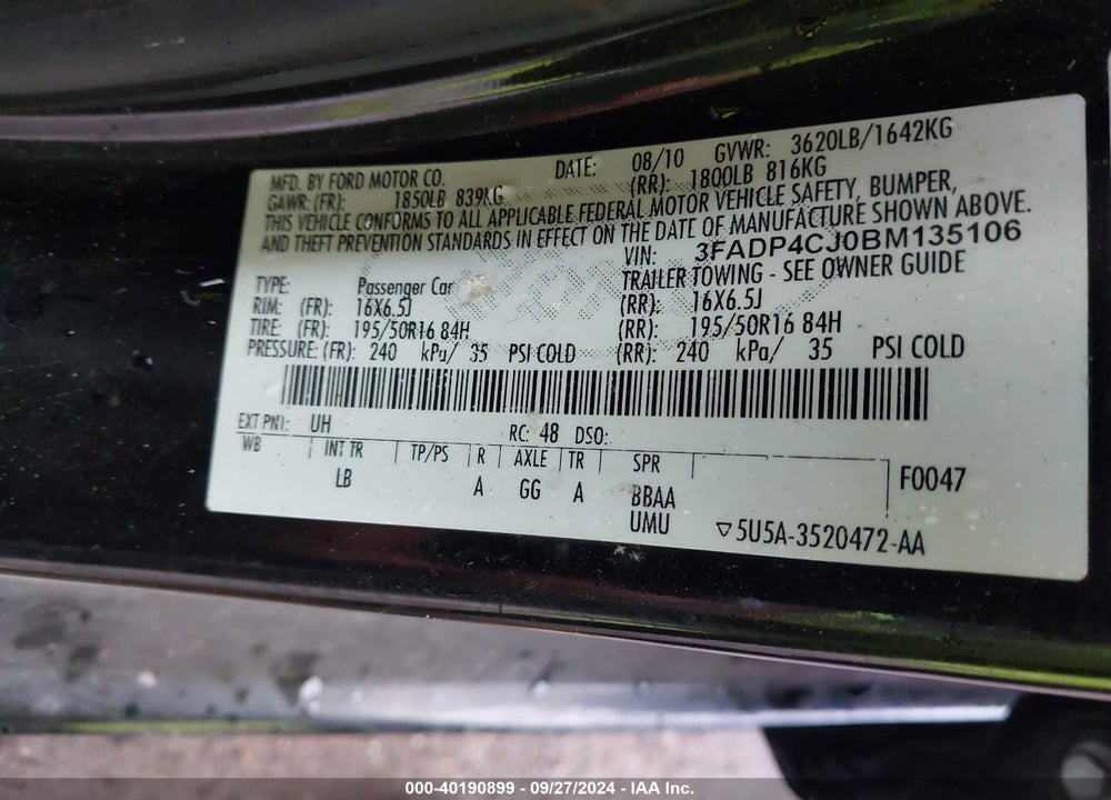 2011 FORD FIESTA SEL VIN: 3FADP4CJ0BM135106