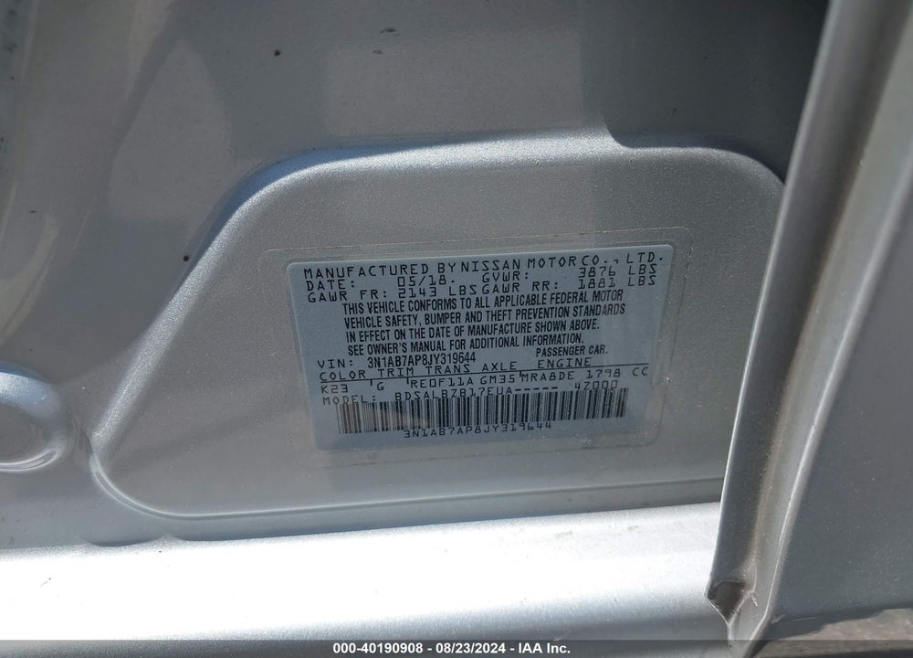 2018 NISSAN SENTRA S VIN: 3N1AB7AP8JY319644