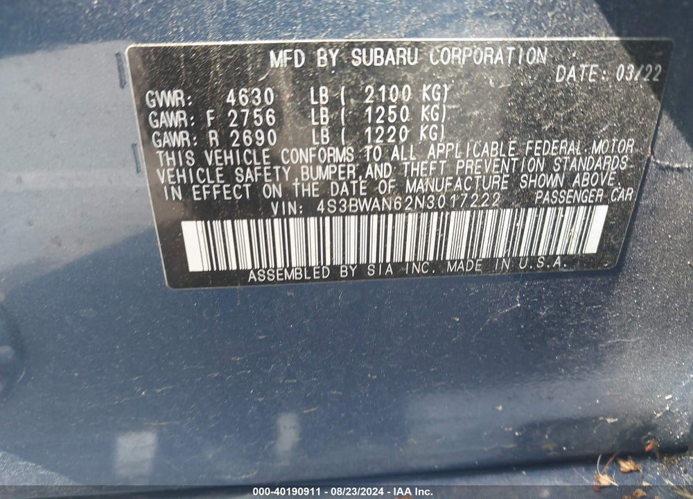 2022 SUBARU LEGACY LIMITED VIN: 4S3BWAN62N3017222