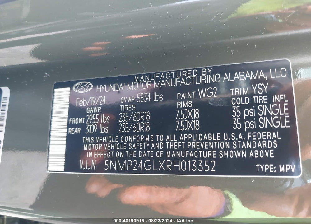2024 HYUNDAI SANTA FE SEL VIN: 5NMP24GLXRH013352
