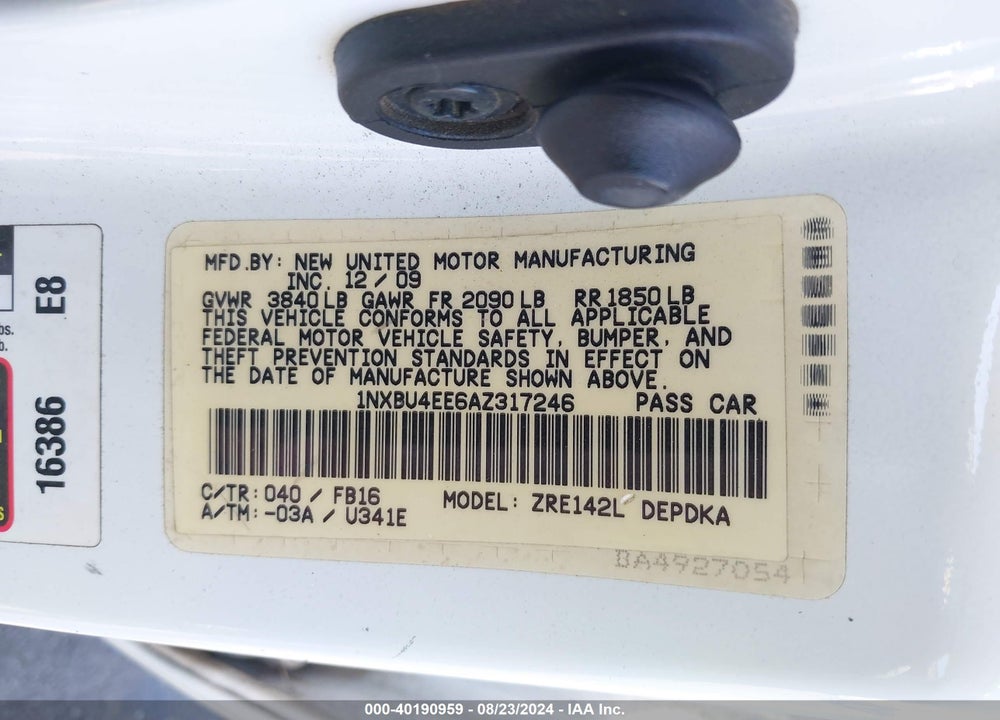 2010 TOYOTA COROLLA VIN: 1NXBU4EE6AZ317246