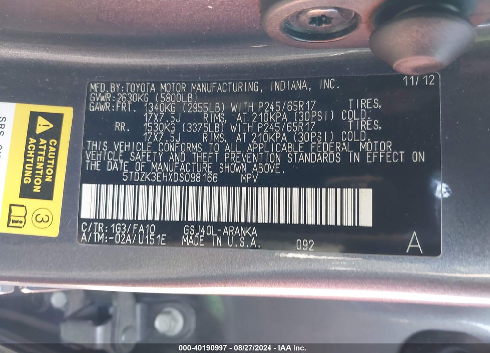 2013 TOYOTA HIGHLANDER BASE PLUS V6 VIN: 5TDZK3EHXDS098166