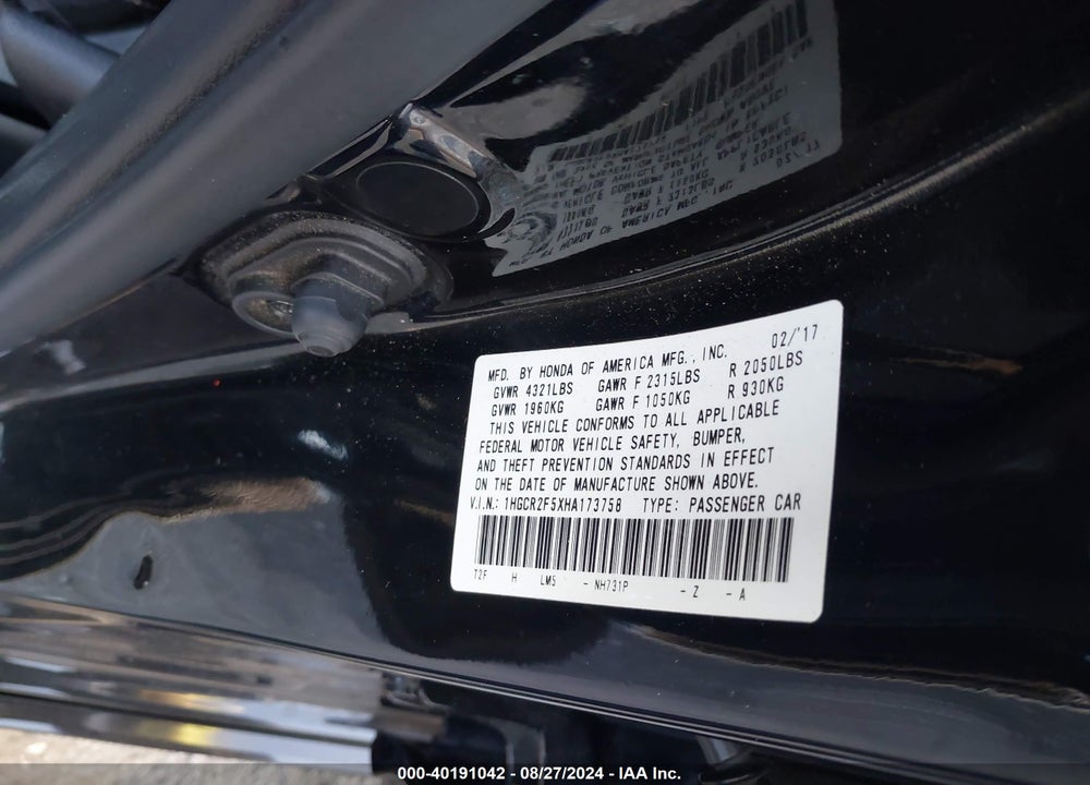 2017 HONDA ACCORD SPORT VIN: 1HGCR2F5XHA173758