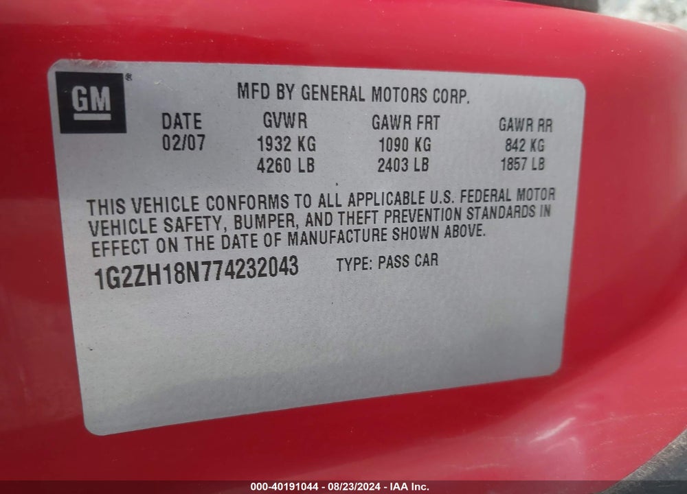 2007 PONTIAC G6 GT VIN: 1G2ZH18N774232043