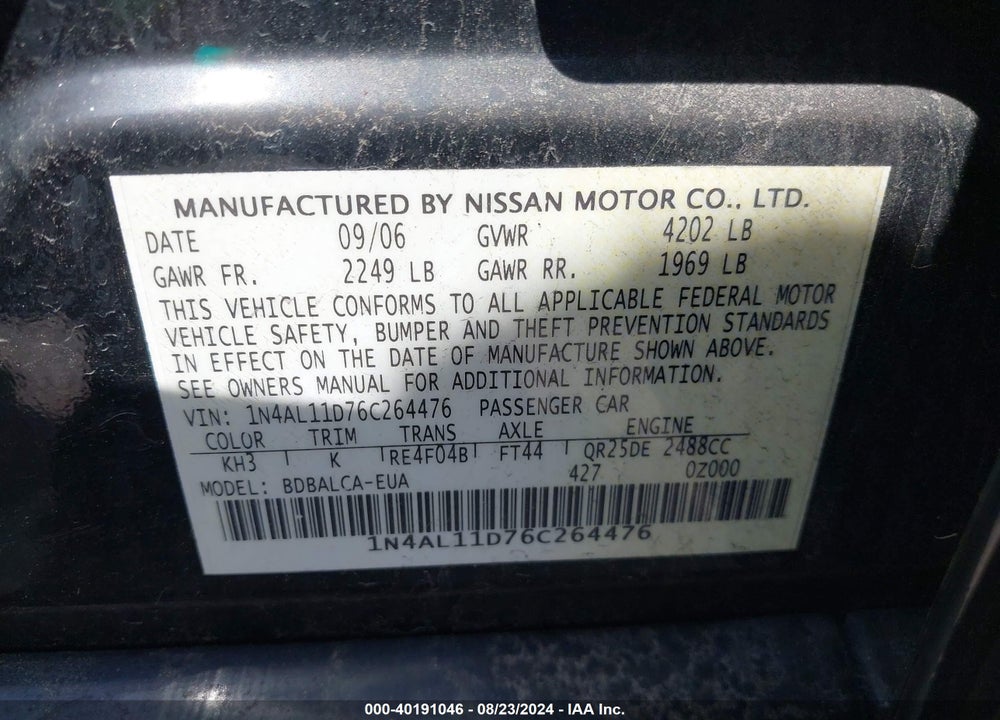 2006 NISSAN ALTIMA 2.5 S VIN: 1N4AL11D76C264476