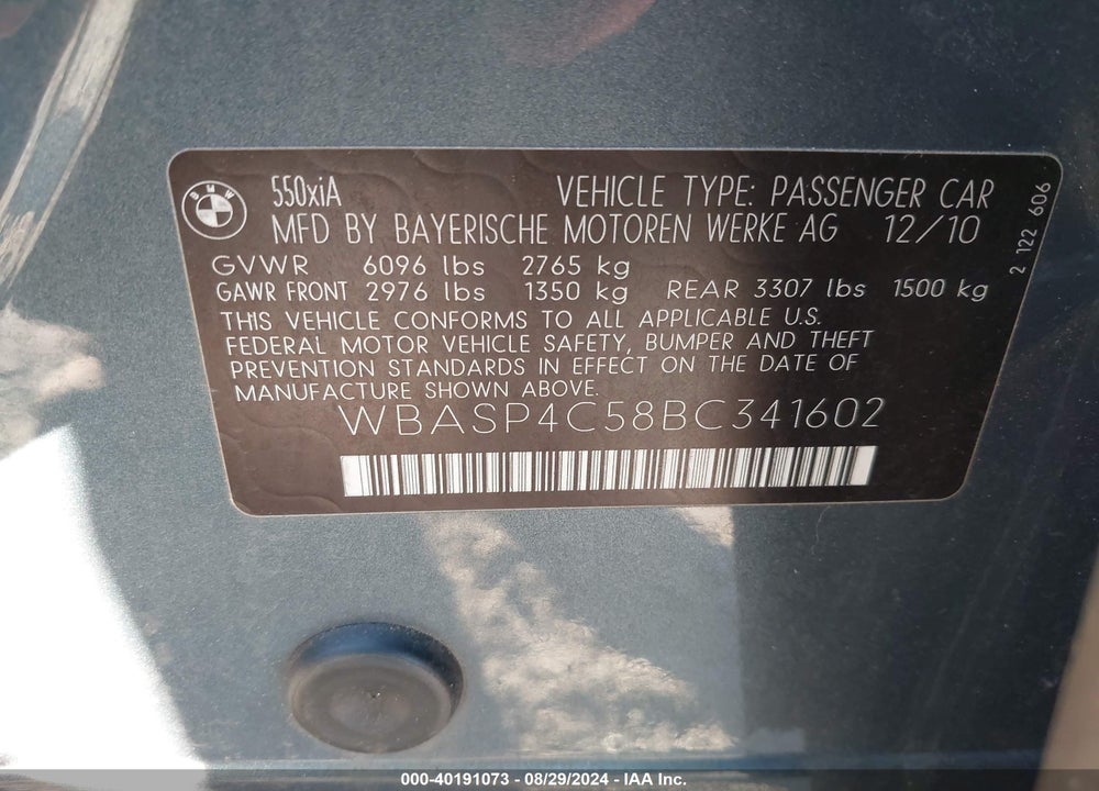 2011 BMW 550I GRAN TURISMO XDRIVE VIN: WBASP4C58BC341602
