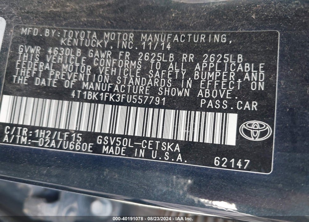 2015 TOYOTA CAMRY VIN: 4T1BK1FK3FU557791