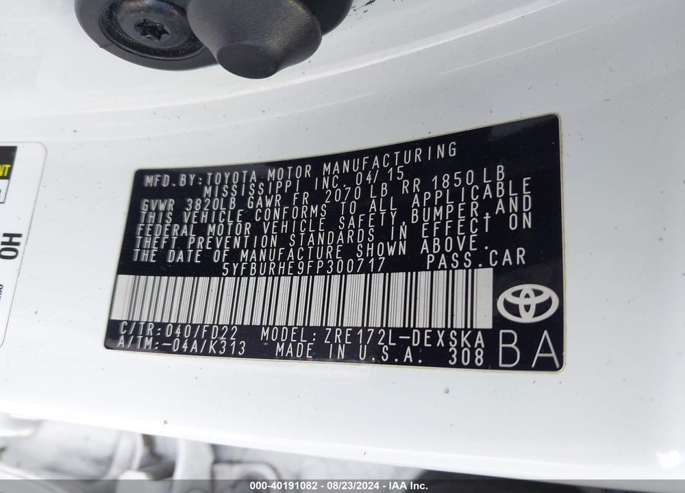 2015 TOYOTA COROLLA S PLUS VIN: 5YFBURHE9FP300717