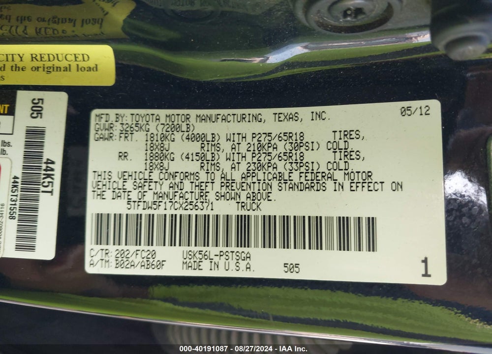 2012 TOYOTA TUNDRA GRADE 5.7L V8 VIN: 5TFDW5F17CX256371