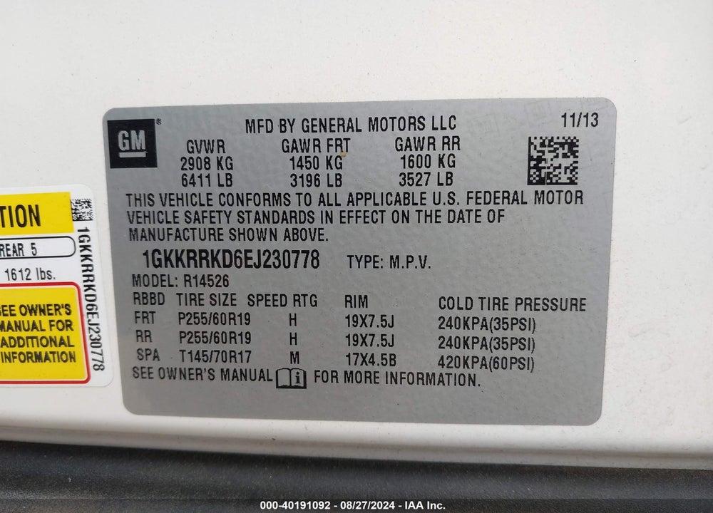 2014 GMC ACADIA SLT-1 VIN: 1GKKRRKD6EJ230778