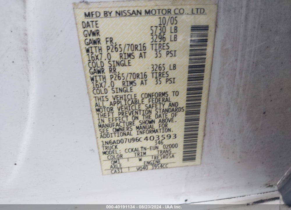 2006 NISSAN FRONTIER SE VIN: 1N6AD07U96C403593
