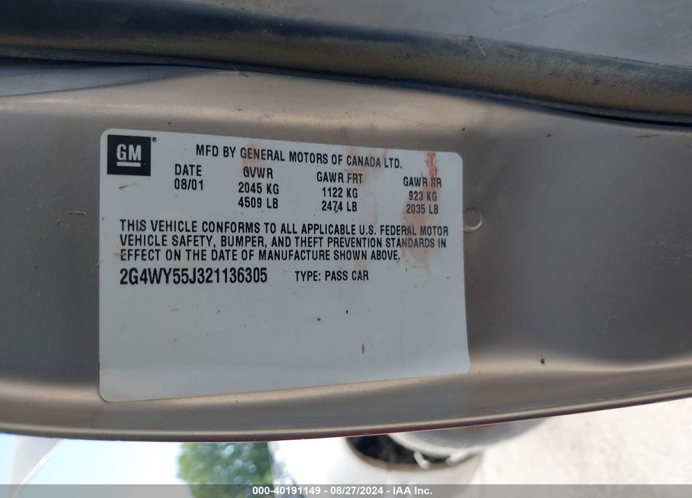 2002 BUICK CENTURY LIMITED VIN: 2G4WY55J321136305