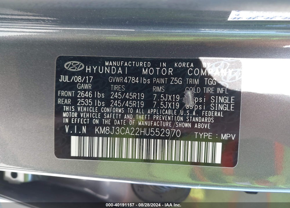 2017 HYUNDAI TUCSON VALUE VIN: KM8J3CA22HU552970