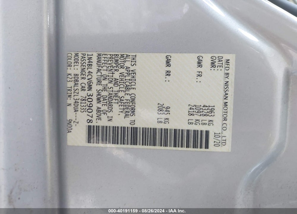 2021 NISSAN ALTIMA SR FWD VIN: 1N4BL4CV6MN309078