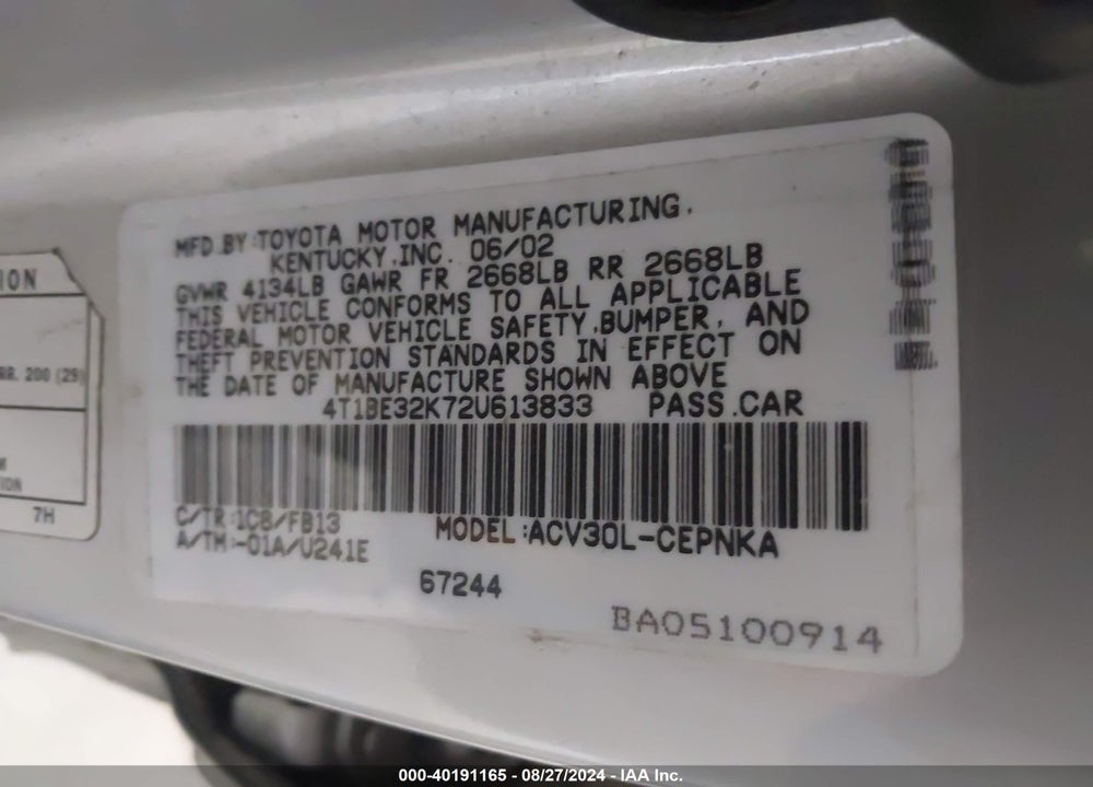 2002 TOYOTA CAMRY LE VIN: 4T1BE32K72U613833