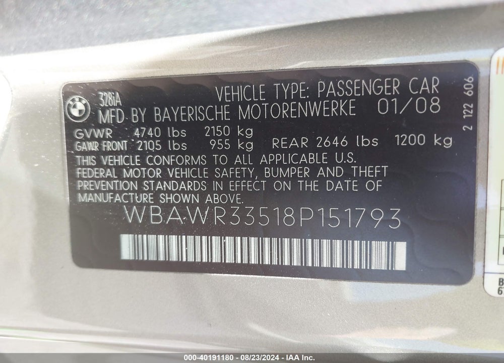 2008 BMW 328I VIN: WBAWR33518P151793