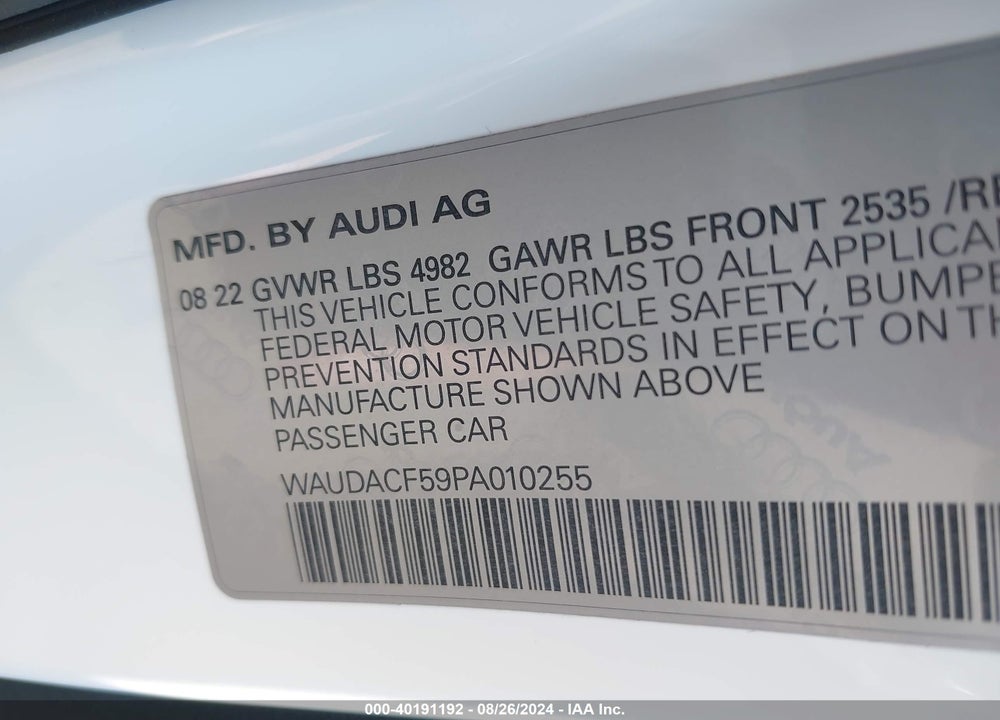2023 AUDI A5 SPORTBACK PREMIUM 45 TFSI S LINE QUATTRO S TRONIC VIN: WAUDACF59PA010255