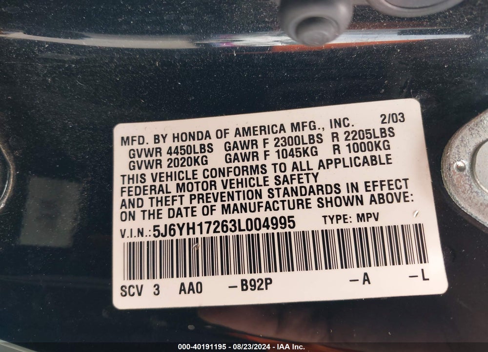 2003 HONDA ELEMENT DX VIN: 5J6YH17263L004995