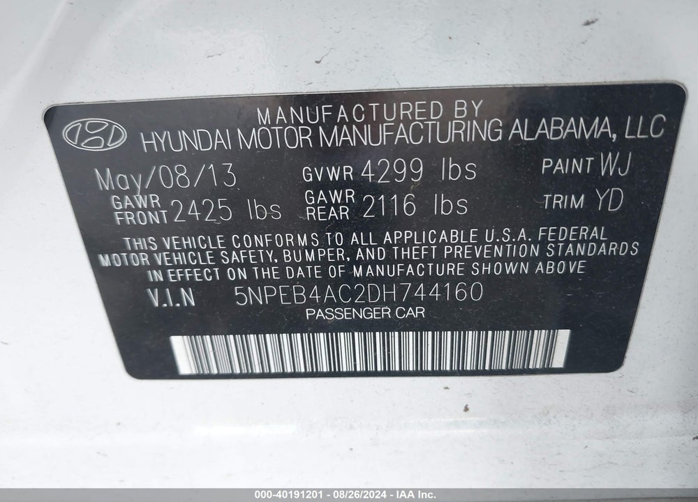 2013 HYUNDAI SONATA GLS VIN: 5NPEB4AC2DH744160