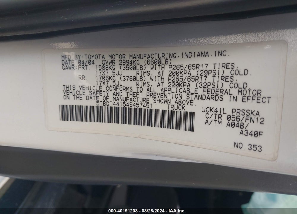 2004 TOYOTA TUNDRA VIN: 5TBDT44154S457451