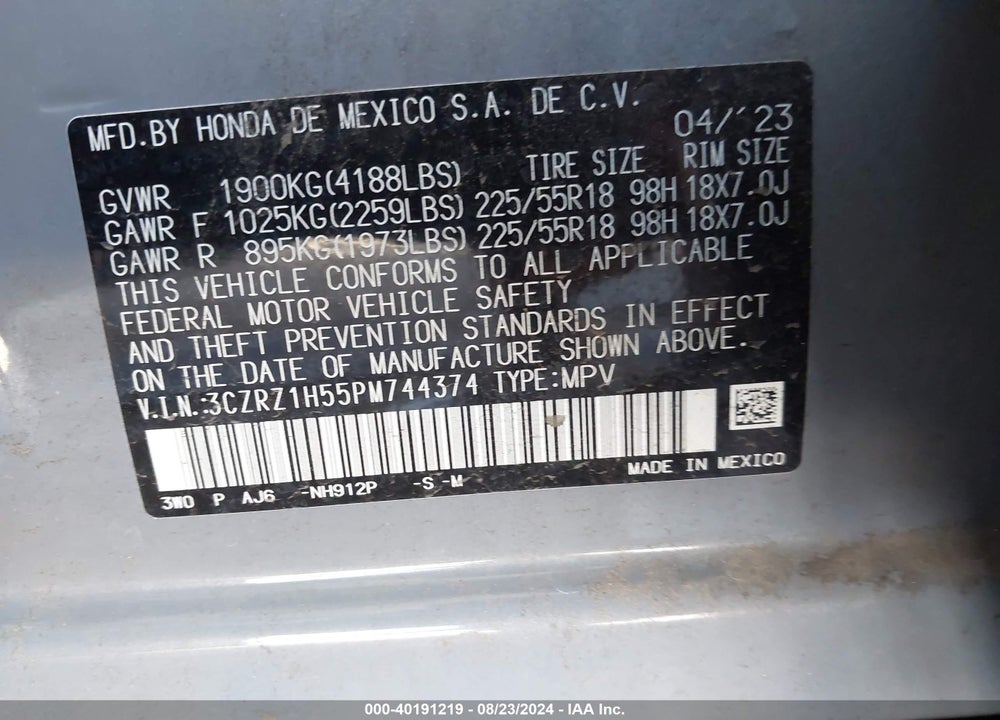 2023 HONDA HR-V 2WD SPORT VIN: 3CZRZ1H55PM744374