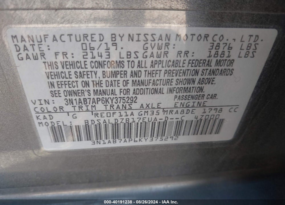 2019 NISSAN SENTRA SV VIN: 3N1AB7AP6KY375292