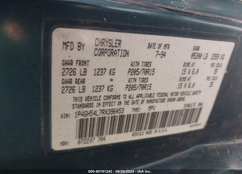 1994 PLYMOUTH GRAND VOYAGER LE VIN: 1P4GH54L7RX396453