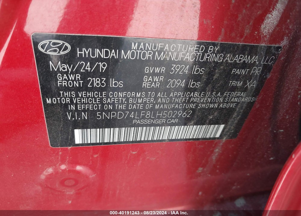 2020 HYUNDAI ELANTRA SE VIN: 5NPD74LF8LH502962
