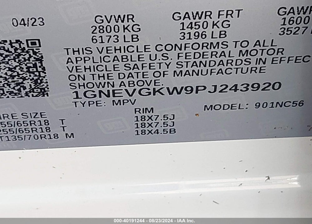 2023 CHEVROLET TRAVERSE AWD LT CLOTH VIN: 1GNEVGKW9PJ243920