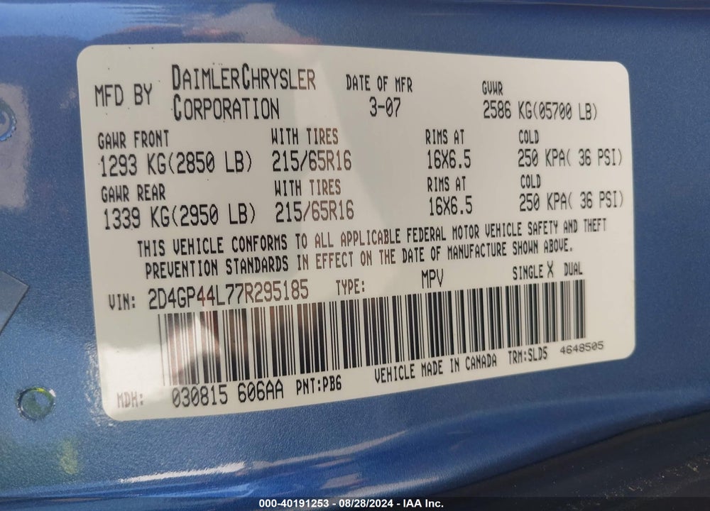 2007 DODGE GRAND CARAVAN SXT VIN: 2D4GP44L77R295185