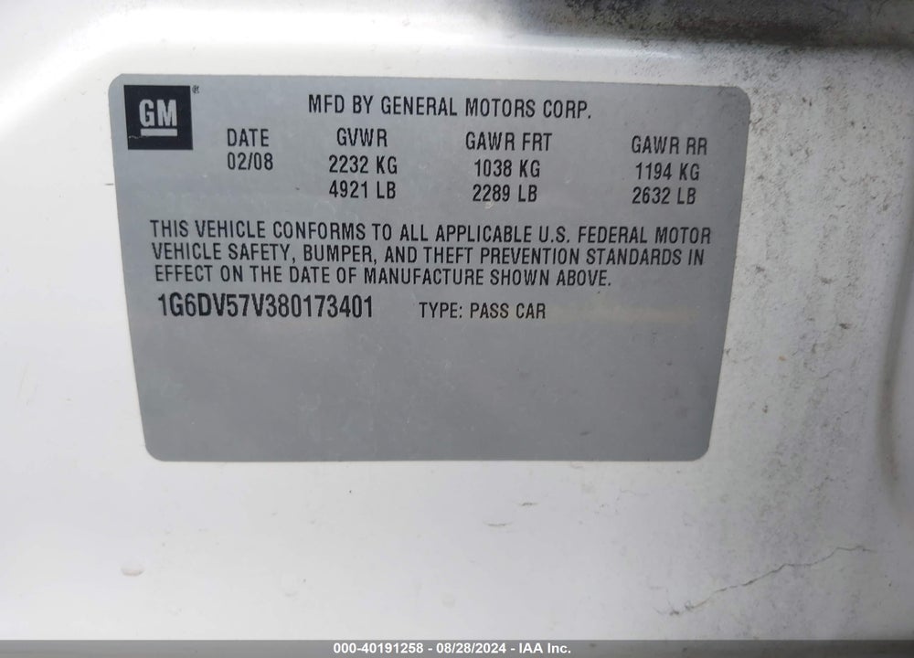 2008 CADILLAC CTS STANDARD VIN: 1G6DV57V380173401