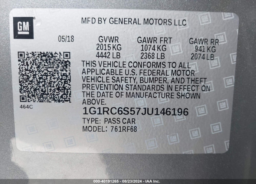 2018 CHEVROLET VOLT LT VIN: 1G1RC6S57JU146196