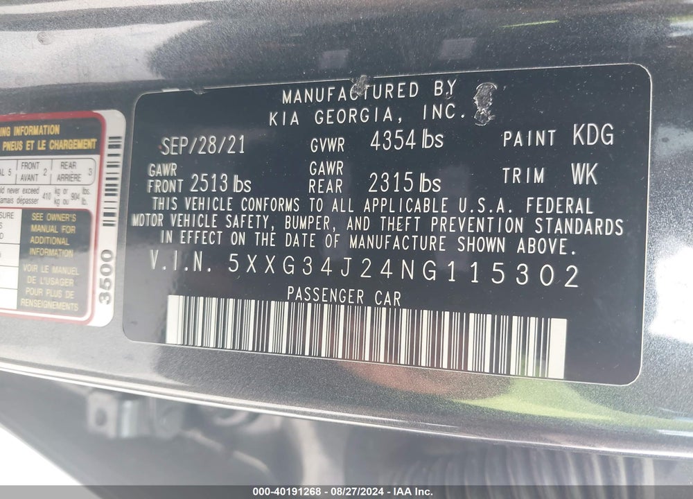 2022 KIA K5 EX VIN: 5XXG34J24NG115302