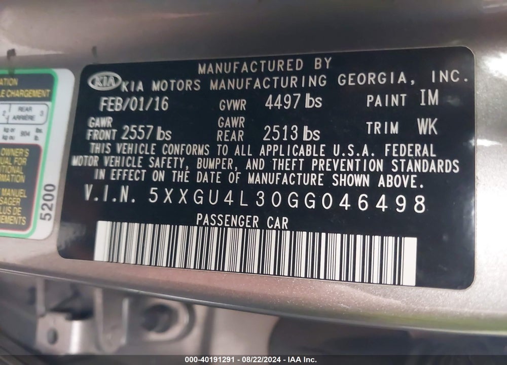 2016 KIA OPTIMA EX VIN: 5XXGU4L30GG046498