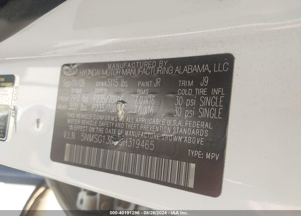 2009 HYUNDAI SANTA FE GLS VIN: 5NMSG13D79H319465